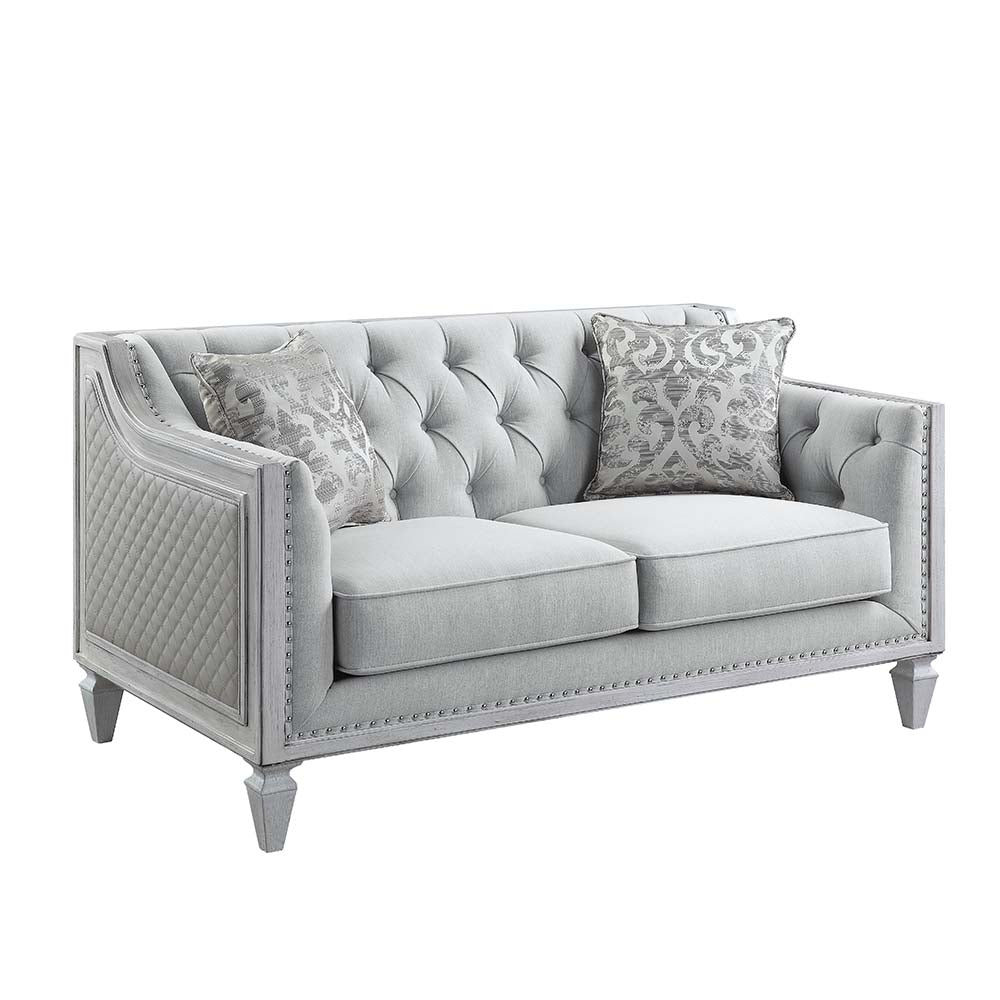 Acme - Katia Loveseat W/2 Pillows LV01050 Light Gray Linen & Weathered White Finish