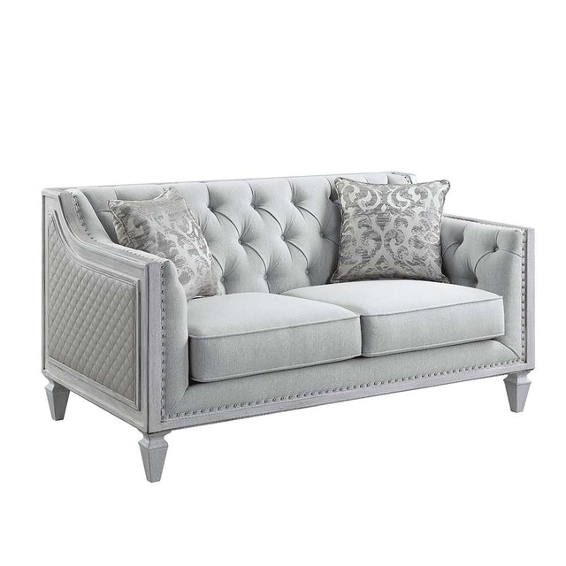 Acme - Katia Loveseat W/2 Pillows LV01050 Light Gray Linen & Weathered White Finish