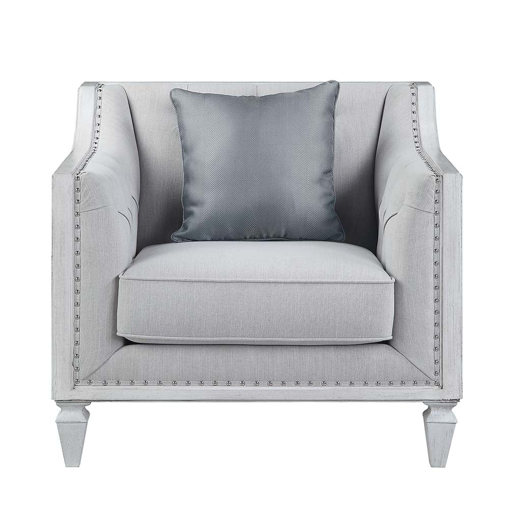 Acme - Katia Chair W/Pillow LV01051 Light Gray Linen & Weathered White Finish