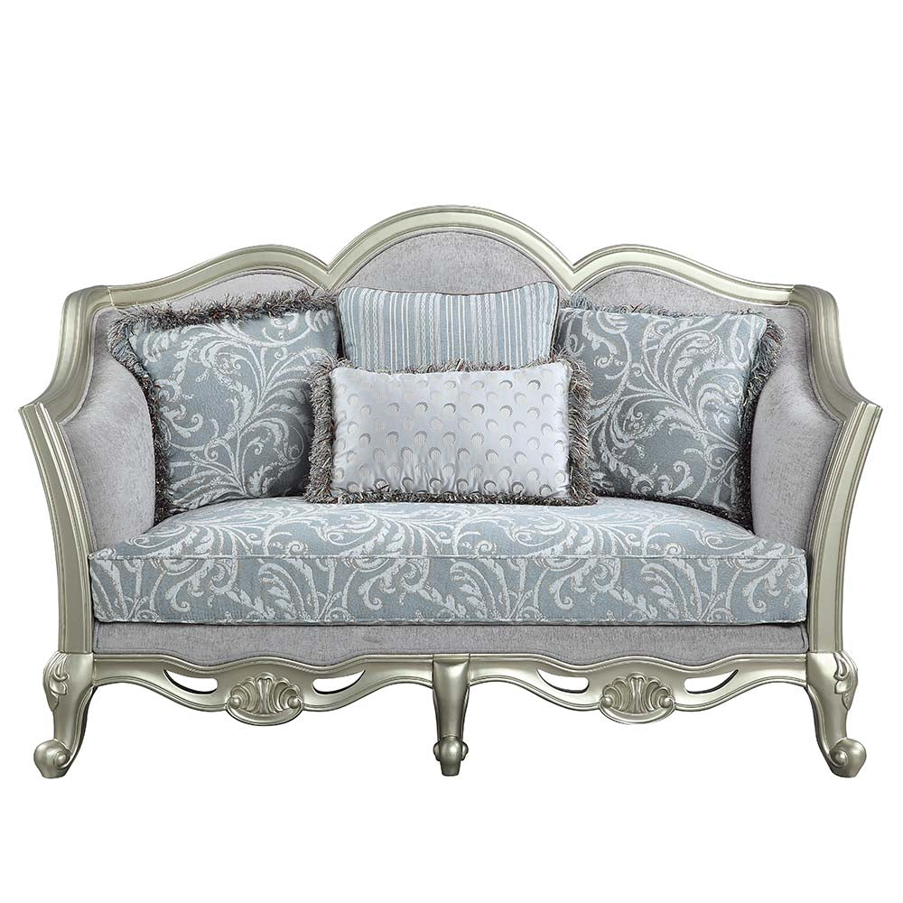 Acme - Qunsia Loveseat W/4 Pillows LV01118 Light Gray Linen & Champagne Finish