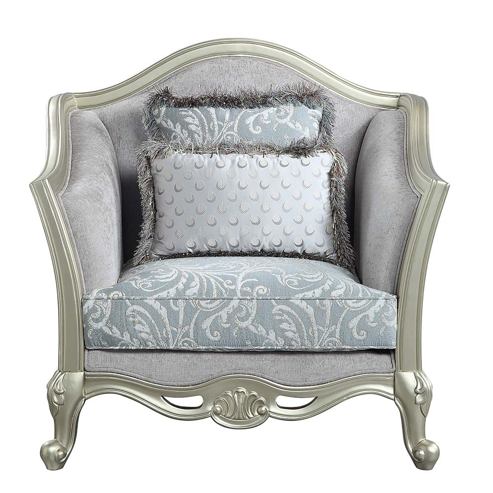 Acme - Qunsia Chair W/2 Pillows LV01119 Light Gray Linen & Champagne Finish