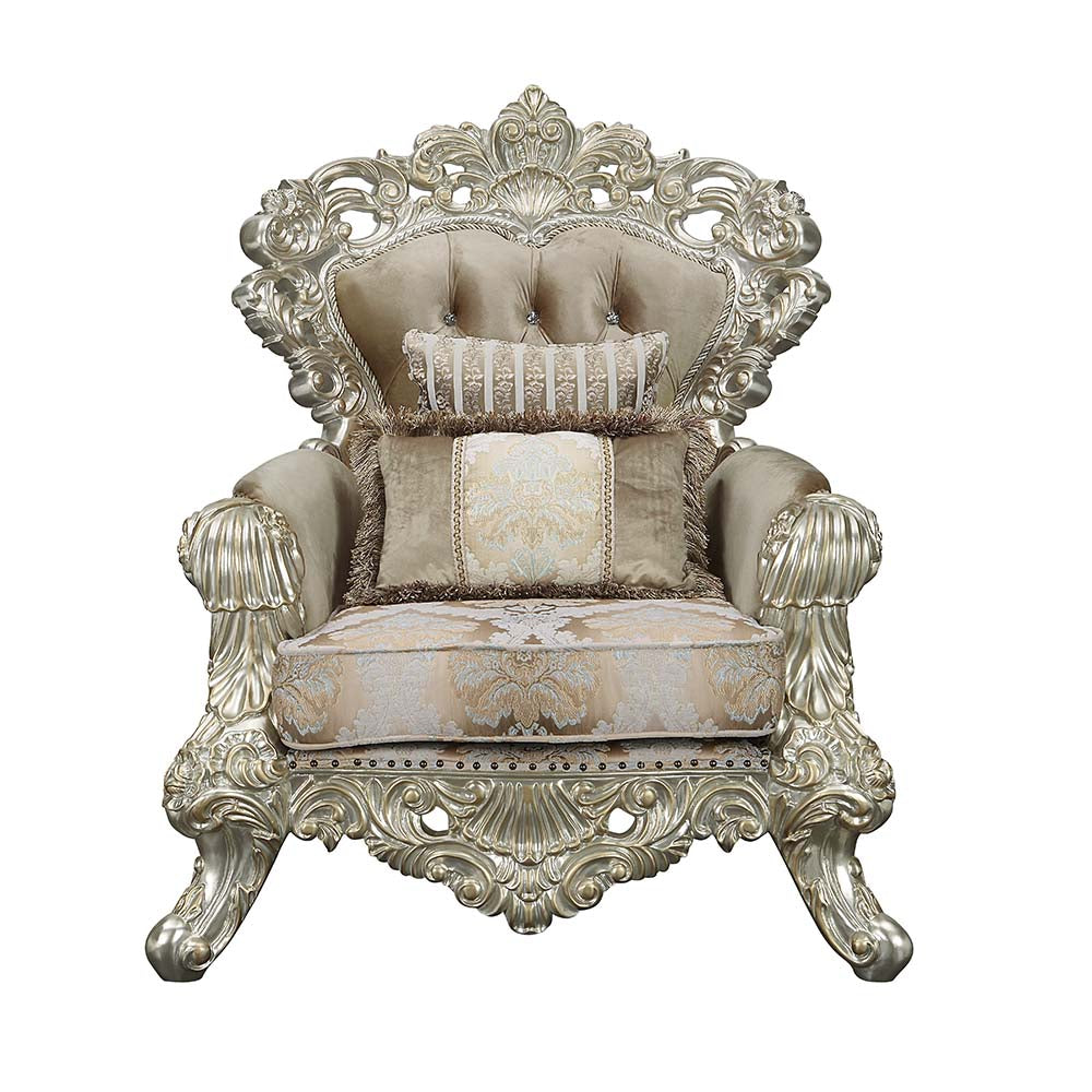 Acme - Sorina Chair W/2 Pillows LV01207 Velvet, Fabric & Antique Gold Finish