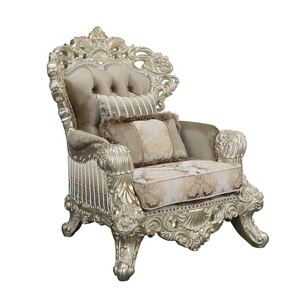 Acme - Sorina Chair W/2 Pillows LV01207 Velvet, Fabric & Antique Gold Finish