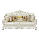 Adara Sofa W/7 Pillows LV01224 Pearl White Synthetic Leather & Antique White Finish | Acme | Home Elegance USA