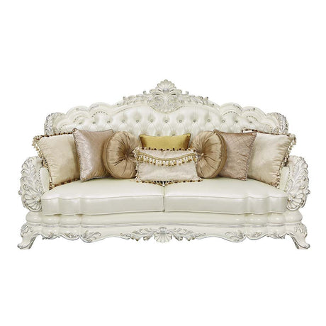 Adara Sofa W/7 Pillows LV01224 Pearl White Synthetic Leather & Antique White Finish | Acme - LV01224 - Home Elegance USA - 2