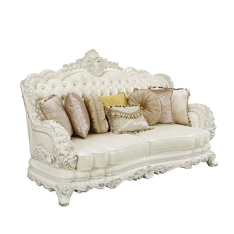 Adara Sofa W/7 Pillows LV01224 Pearl White Synthetic Leather & Antique White Finish | Acme - LV01224 - Home Elegance USA - 1