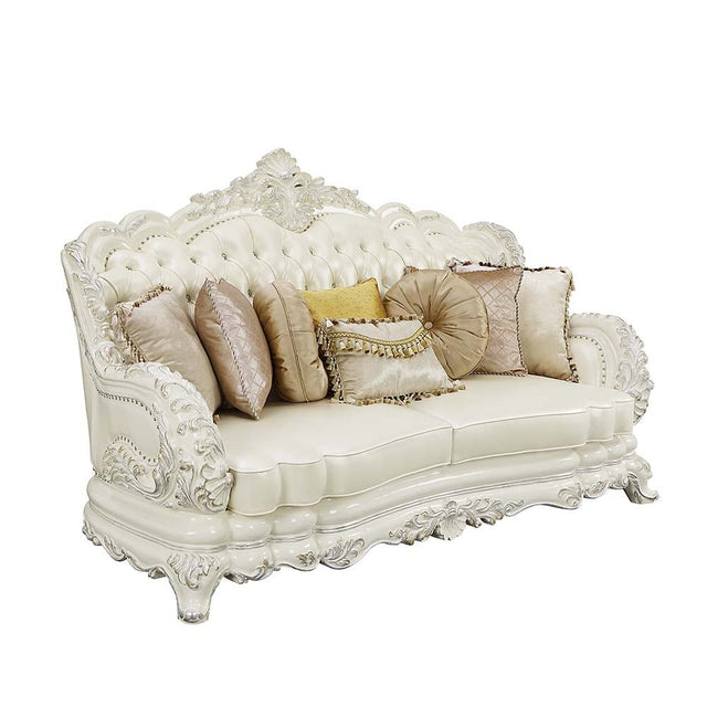 Adara Sofa W/7 Pillows LV01224 Pearl White Synthetic Leather & Antique White Finish | Acme | Home Elegance USA