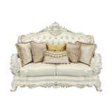 Adara Loveseat W/5 Pillows LV01225 Pearl White Synthetic Leather & Antique White Finish | Acme | Home Elegance USA