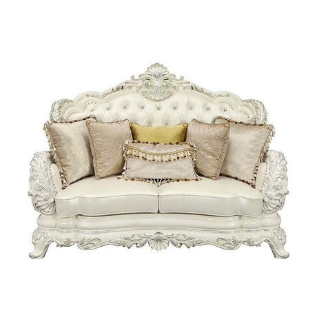 Adara Loveseat W/5 Pillows LV01225 Pearl White Synthetic Leather & Antique White Finish | Acme - LV01225 - Home Elegance USA - 2