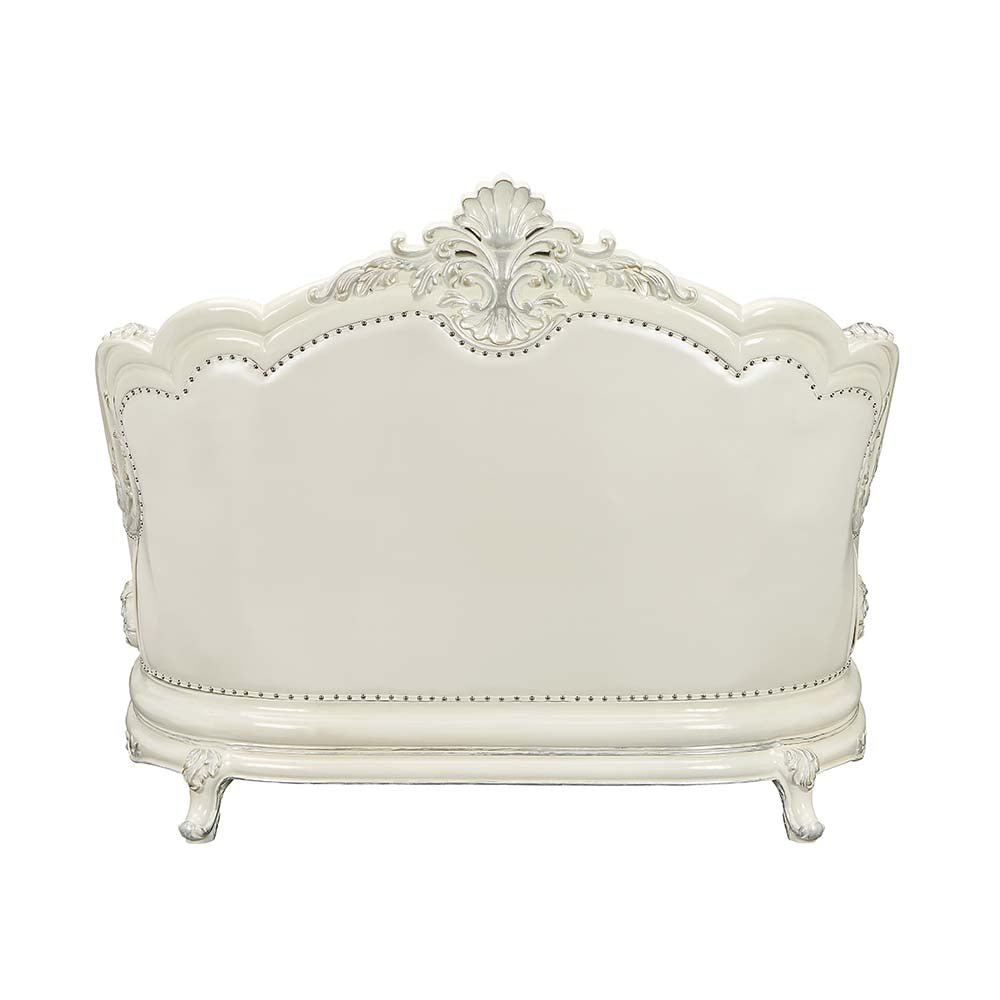 Adara Loveseat W/5 Pillows LV01225 Pearl White Synthetic Leather & Antique White Finish | Acme | Home Elegance USA