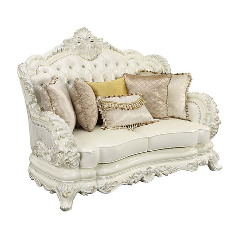 Acme - Adara Loveseat W/5 Pillows LV01225 Pearl White Synthetic Leather & Antique White Finish