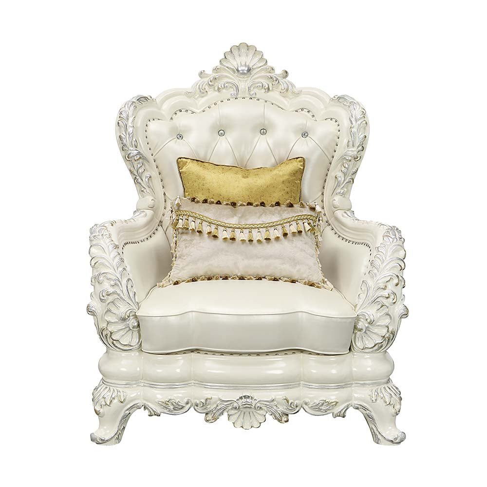 Adara Chair W/2 Pillows LV01226 Pearl White Synthetic Leather & Antique White Finish | Acme - LV01226 - Home Elegance USA - 2