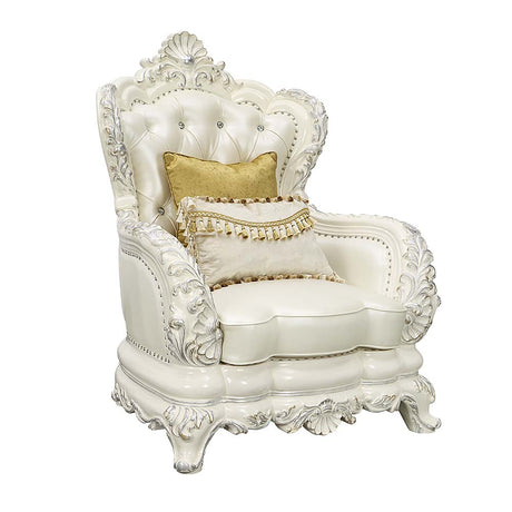 Acme - Adara Chair W/2 Pillows LV01226 Pearl White Synthetic Leather & Antique White Finish