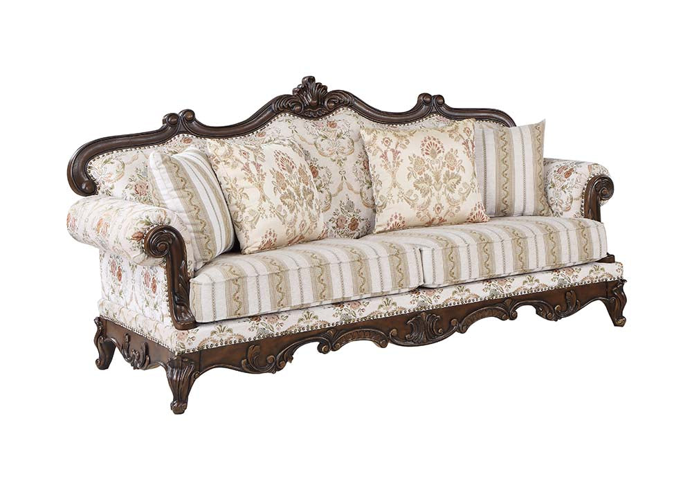 Acme - Nayla Sofa W/4 Pillows LV01273 Pattern Fabric & Cherry Finish