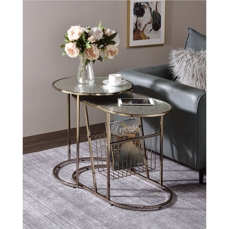 Acme - Kesha Nesting Table Set LV02087 Patterned Mirror Glass & Gold Finish