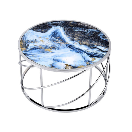 Acme - Lyda Coffee Table LV02095 Blue Marble Print & Chrome Finish