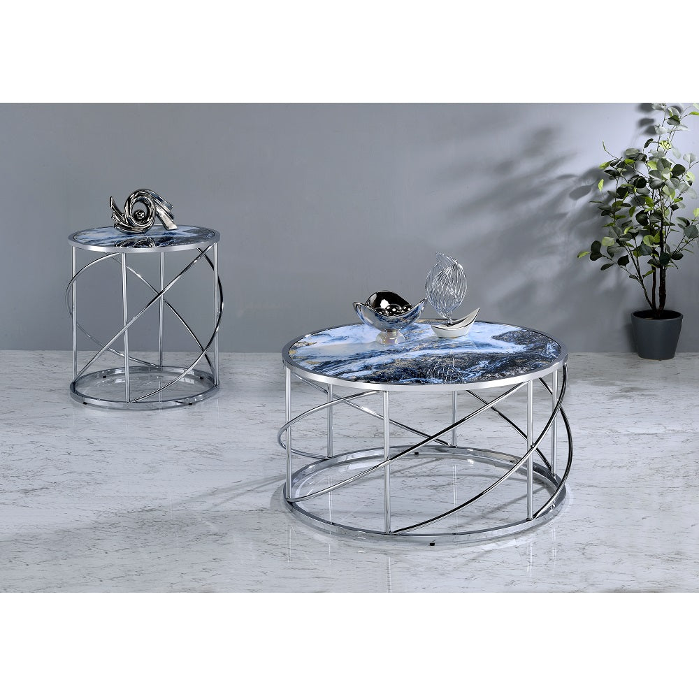 Acme - Lyda Coffee Table LV02095 Blue Marble Print & Chrome Finish