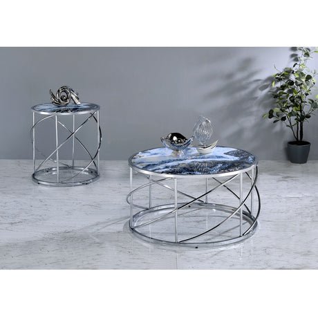 Acme - Lyda Coffee Table LV02095 Blue Marble Print & Chrome Finish