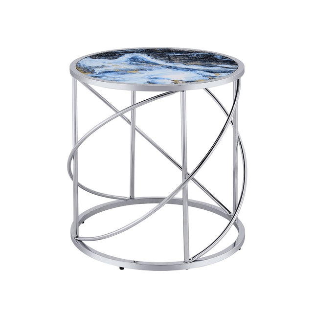 Acme - Lyda End Table LV02096 Blue Marble Print & Chrome Finish