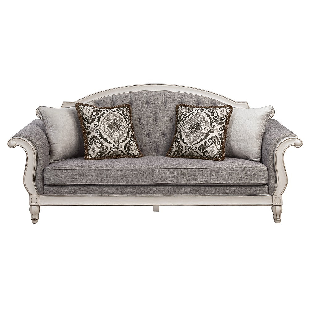 Acme - Florian Sofa W/4 Pillows LV02119 Gray Fabric & Antique White Finish