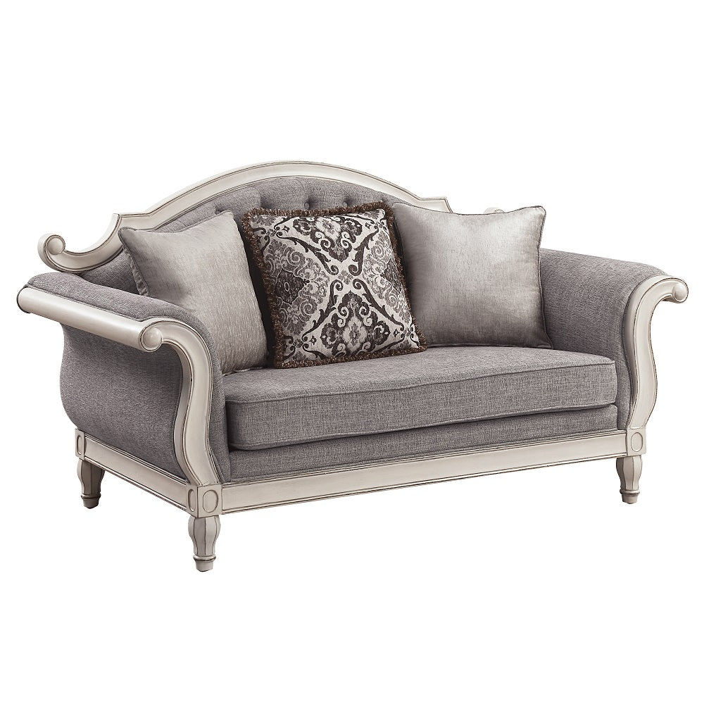 Acme - Florian Loveseat W/3 Pillows LV02120 Gray Fabric & Antique White Finish