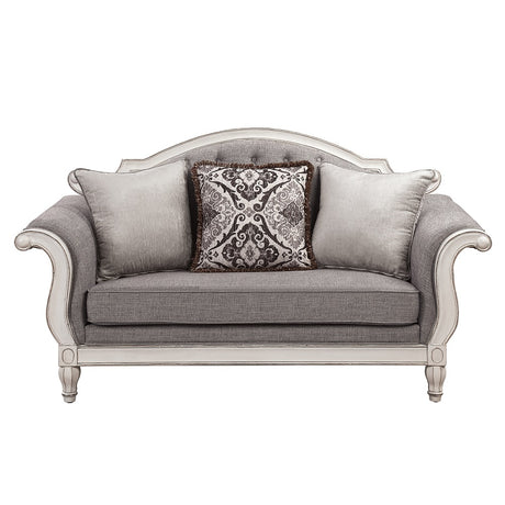 Acme - Florian Loveseat W/3 Pillows LV02120 Gray Fabric & Antique White Finish