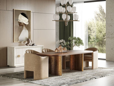 Marjorie & Danube 7-Piece Dining Set featuring walnut veneer table with brushed gold base and six beige velvet chairs. Elegant modern design