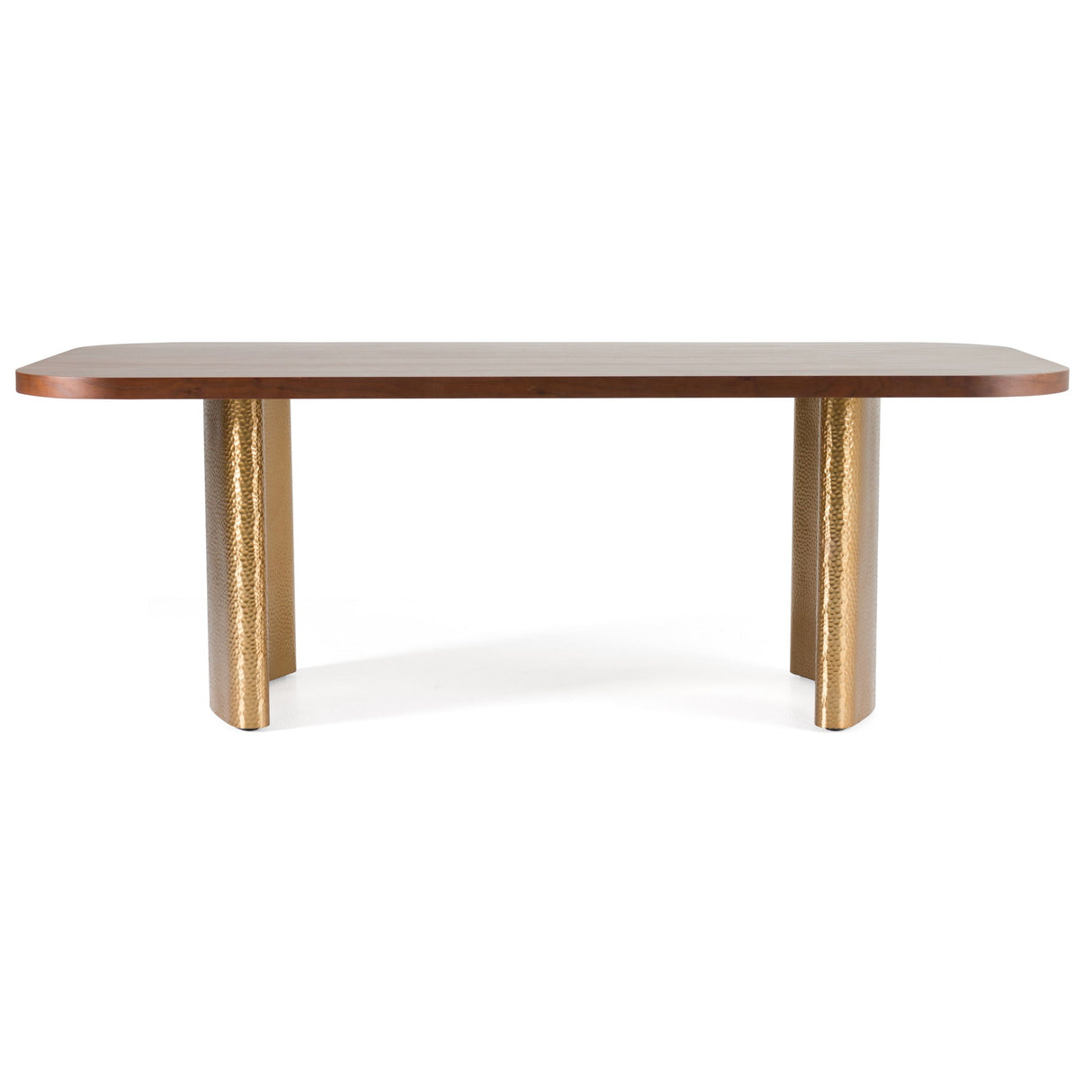 Marjorie & Danube 7-Piece Dining Set featuring walnut veneer table with brushed gold base and six beige velvet chairs. Elegant modern design