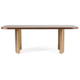 Marjorie & Danube 7-Piece Dining Set featuring walnut veneer table with brushed gold base and six beige velvet chairs. Elegant modern design
