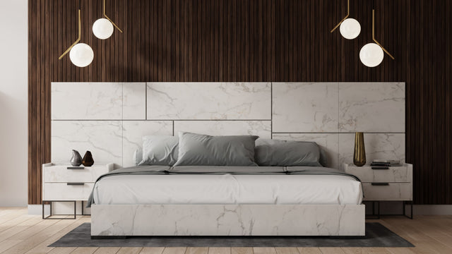 California King Marbella - Italian Modern White Marble Bed w/ 2 Nightstands - View Image 1
