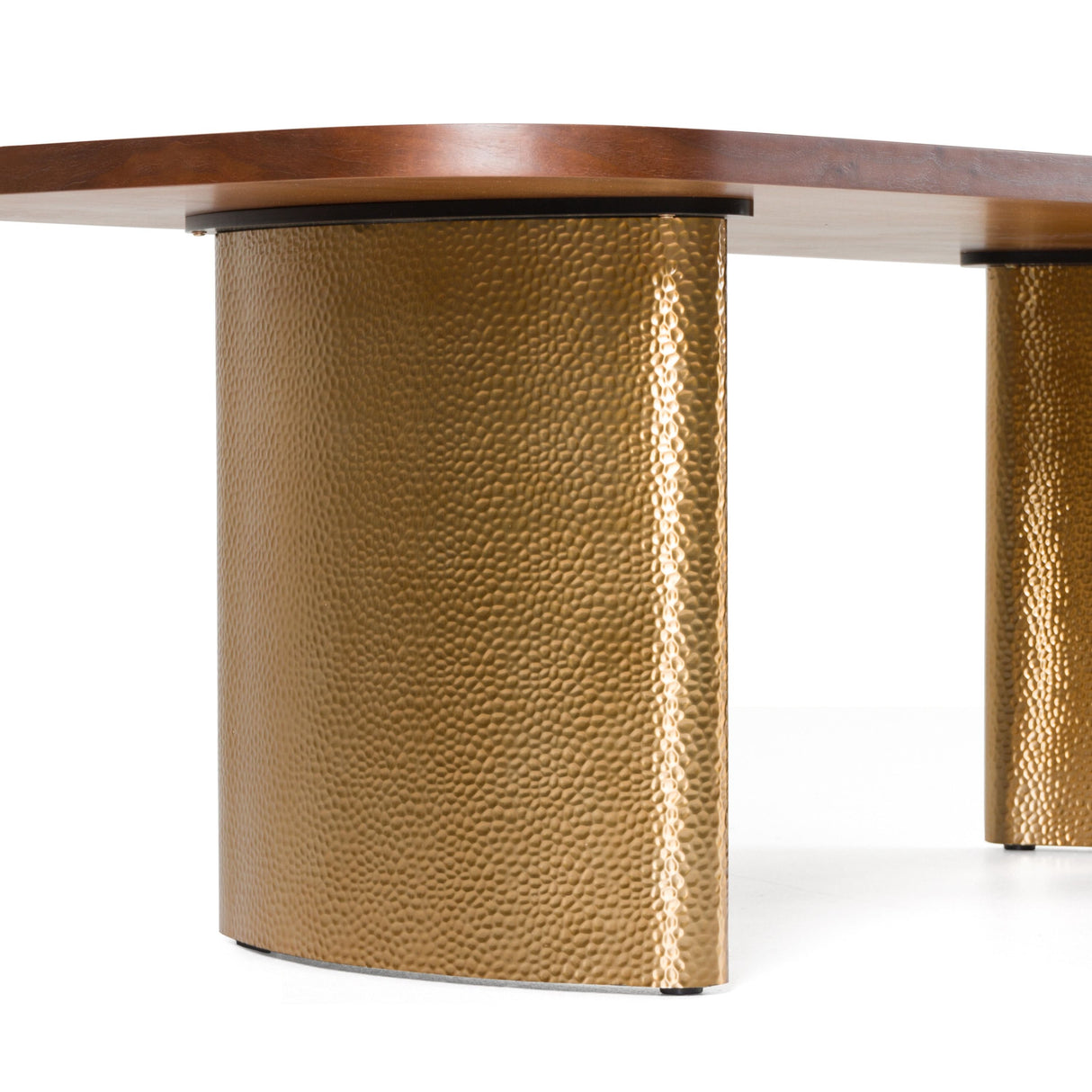 Round table with wooden top and textured gold base on a white background