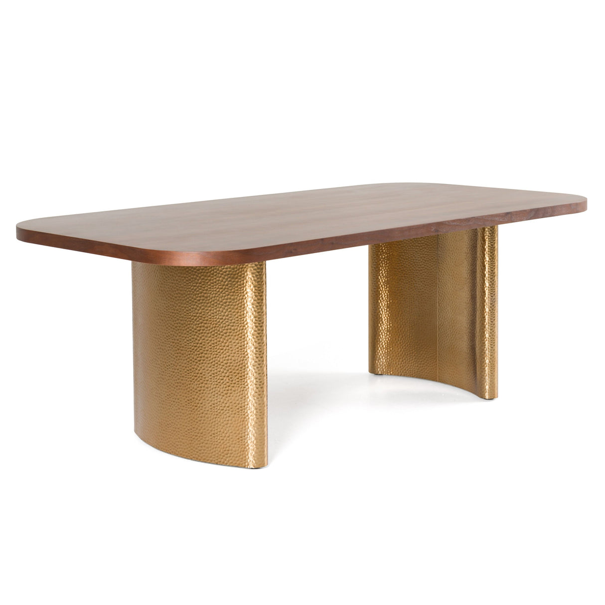 Modern dining table with wooden top and gold metallic legs on a white background