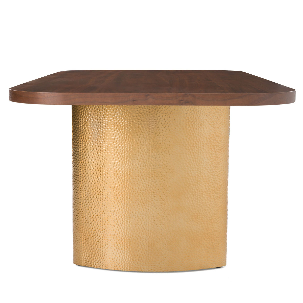 Wooden table with a textured gold cylindrical base on a white background