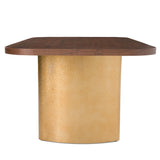 Wooden table with a textured gold cylindrical base on a white background