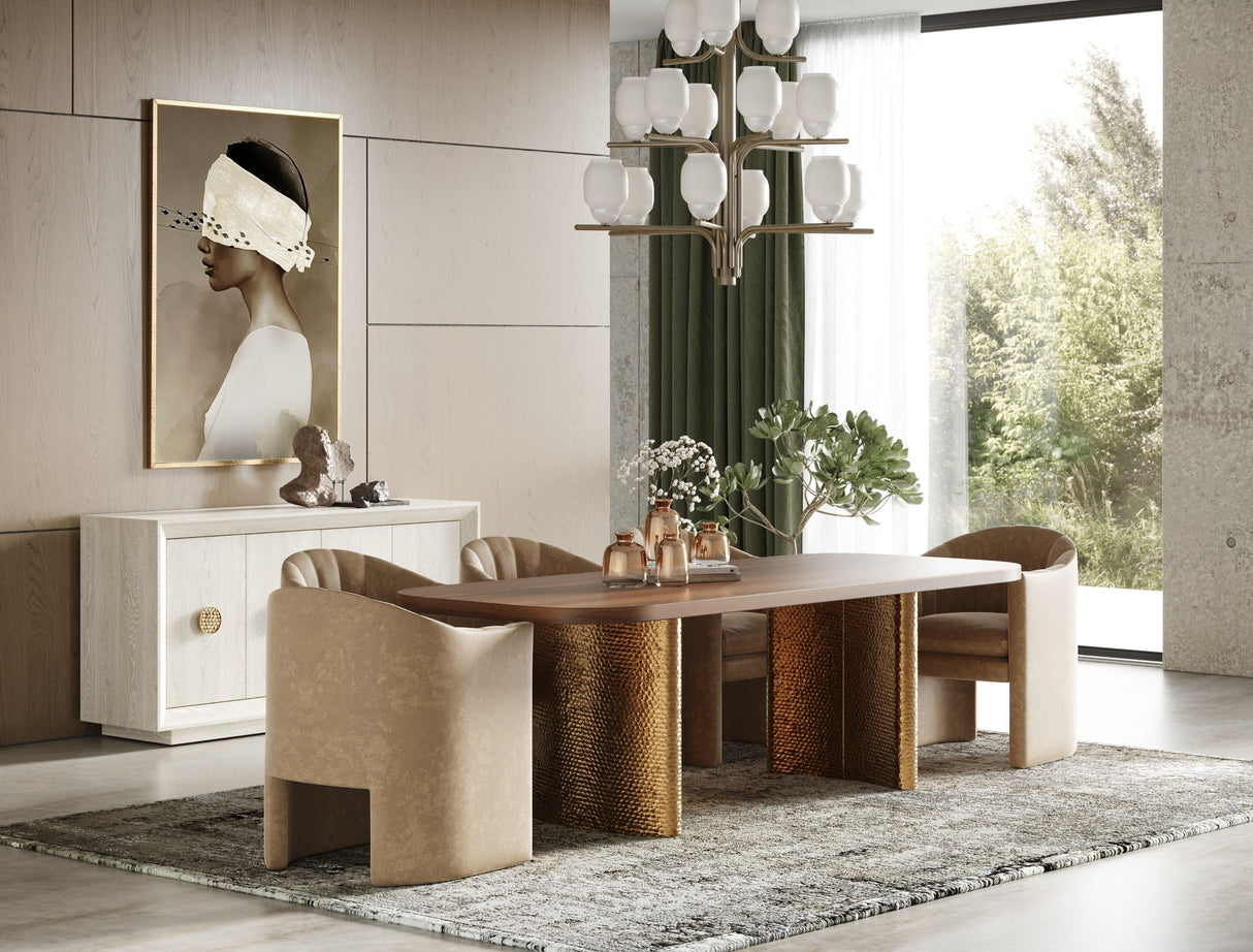 Modern dining room with a wooden table and chairs, white walls, and decorative elements.