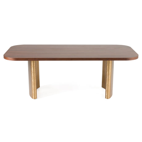 Marjorie Rectangular table with wooden surface and gold legs on a white background
