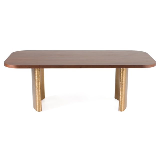 Marjorie Rectangular table with wooden surface and gold legs on a white background