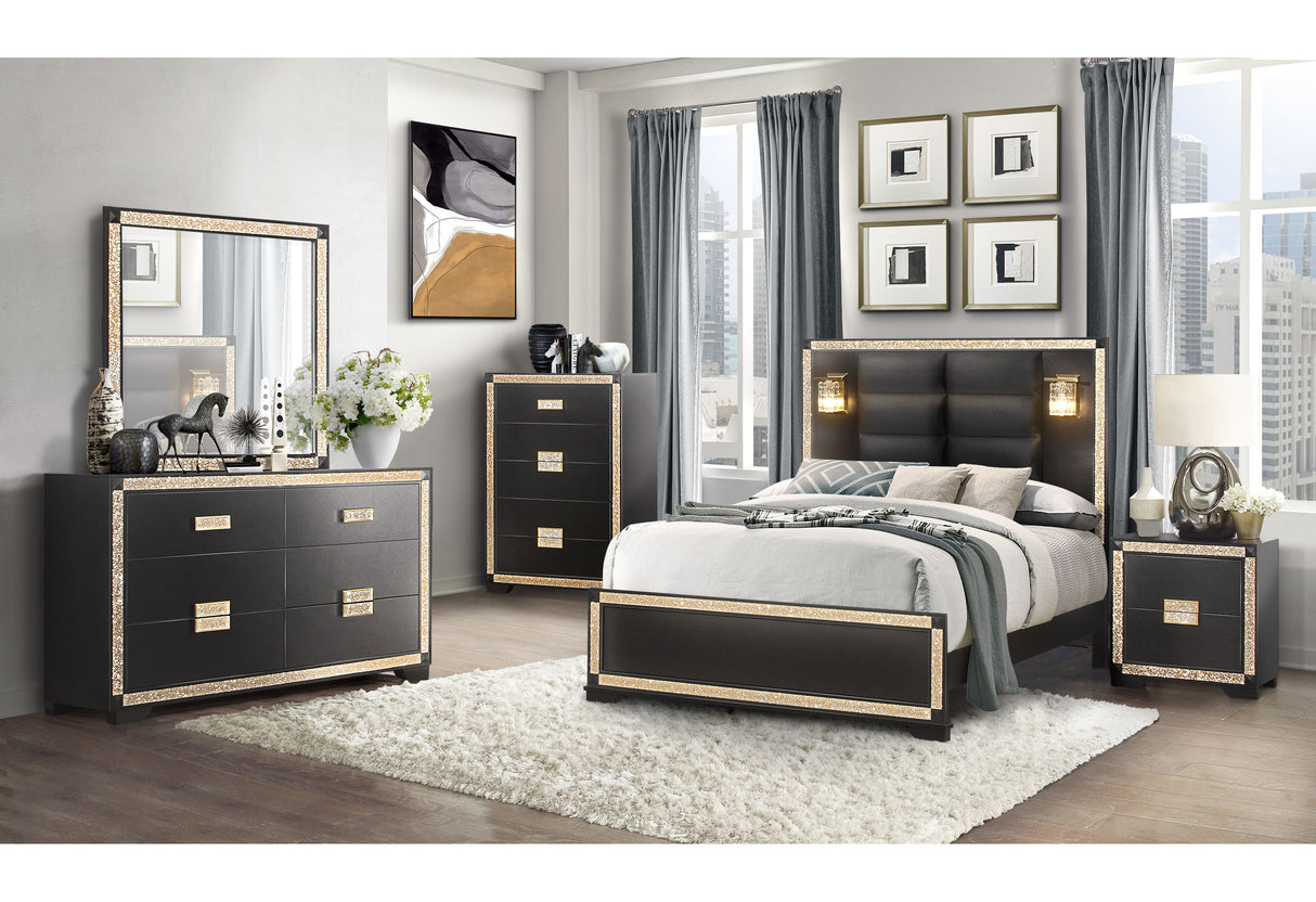 Blake Black/Gold King Bed With Lamps, Dresser, Mirror, Nightstand - sold by Home Elegance USA