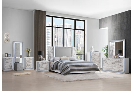Ylime White Marble King Bed Fully Slatted With Led | Global