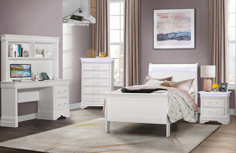 Charlie White Twin Bed, Dresser, Mirror And Nightstand
