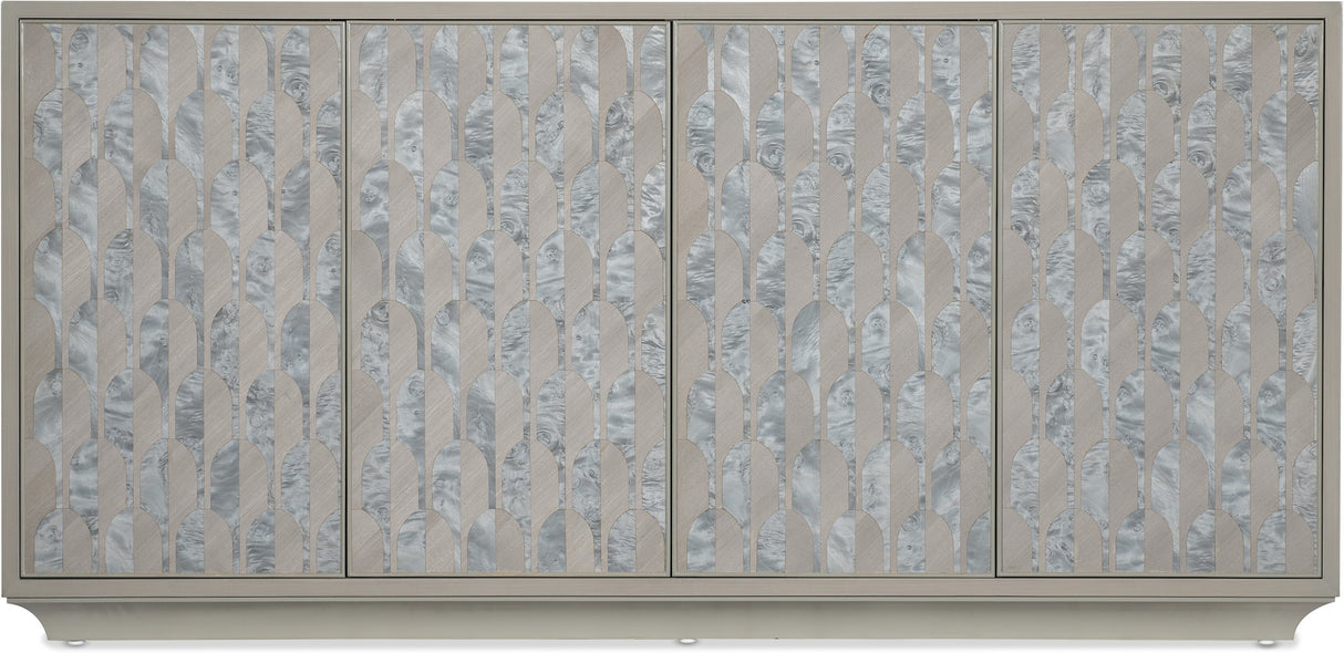 Front view of Hooker Furniture Melange Emile Credenza in gray with silver burl cutout motifs