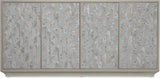 Front view of Hooker Furniture Melange Emile Credenza in gray with silver burl cutout motifs