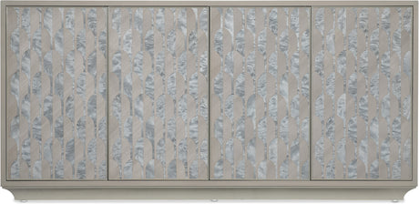 Front view of Hooker Furniture Melange Emile Credenza in gray with silver burl cutout motifs