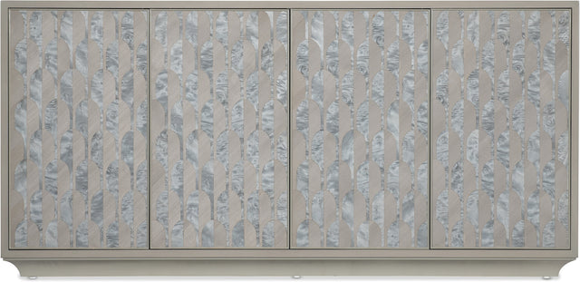 Front view of Hooker Furniture Melange Emile Credenza in gray with silver burl cutout motifs