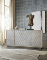 Room view of Hooker Furniture Mélange Emile Credenza in gray with silver burl cutout motifs