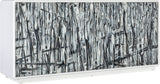 Angle view of the Hooker Furniture Mélange Graffitio Credenza with hand-painted abstract doors in white, gray, and black.