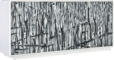 Angle view of the Hooker Furniture Mélange Graffitio Credenza with hand-painted abstract doors in white, gray, and black.