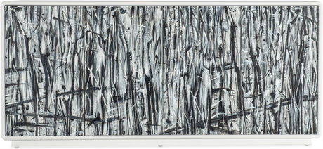 Front view of the Hooker Furniture Mélange Graffitio Credenza with hand-painted abstract doors in white, gray, and black.