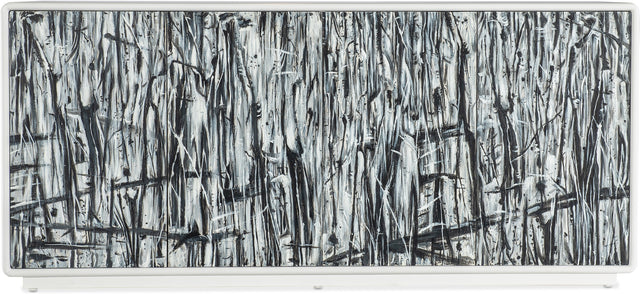 Front view of the Hooker Furniture Mélange Graffitio Credenza with hand-painted abstract doors in white, gray, and black.