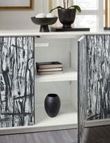 Interior storage of the Mélange Graffitio Credenza showing adjustable shelves and touch-latch cabinet doors.